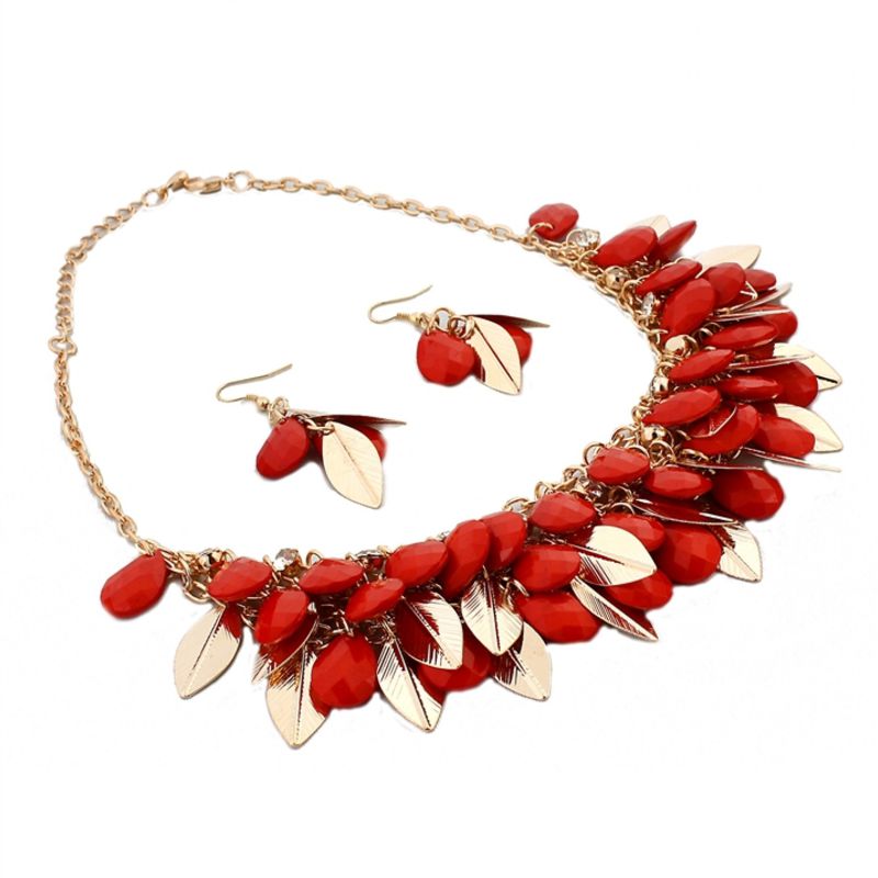 Red and Gold Leaf Bib Necklace and Earrings SET - Click Image to Close
